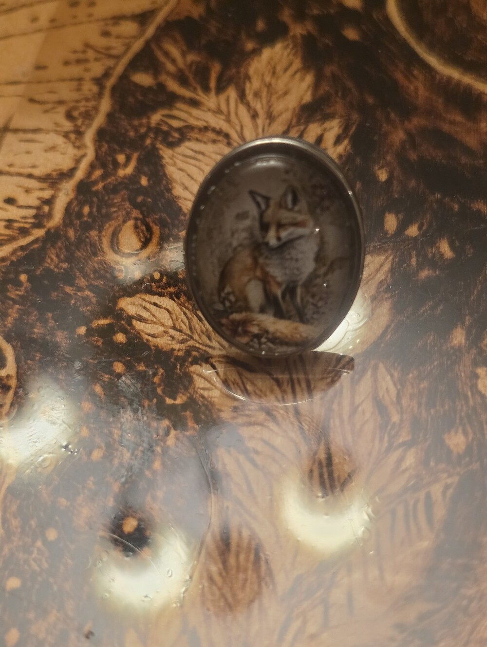 Fox Glass Cabochon Adjustable Silver Tone Ring